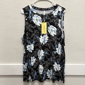 LONGYUAN Women's Blue and White Floral Sleeveless Top NWT 3X